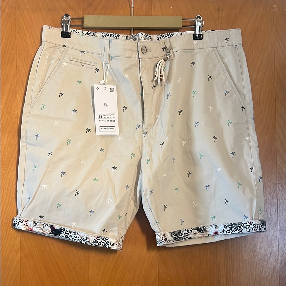 Tan and Green Flat Front Shorts with Patterned Cuffs